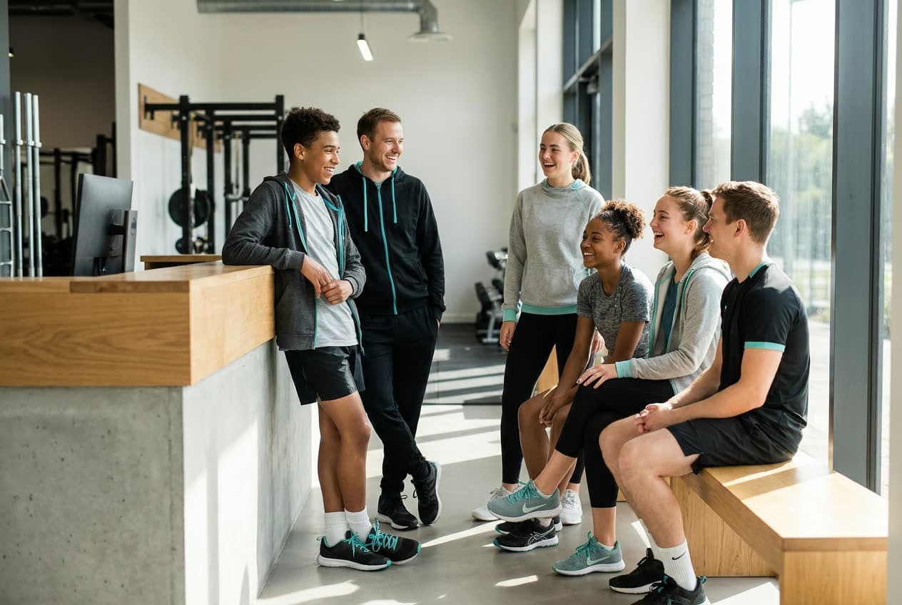Deportistas y entrenador de un club conversando en sus instalaciones