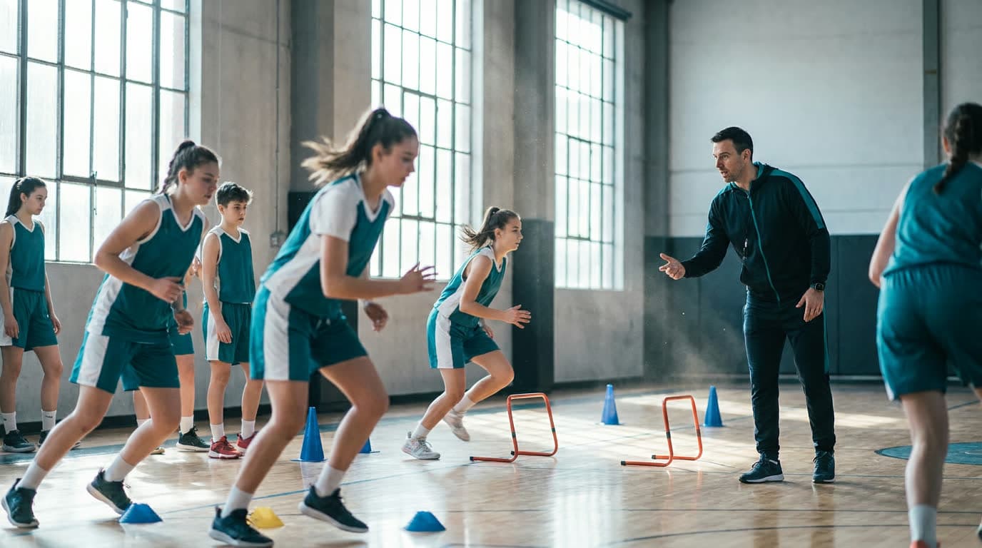 Entrenador dirigiendo un entrenamiento con jóvenes deportistas en el pabellón